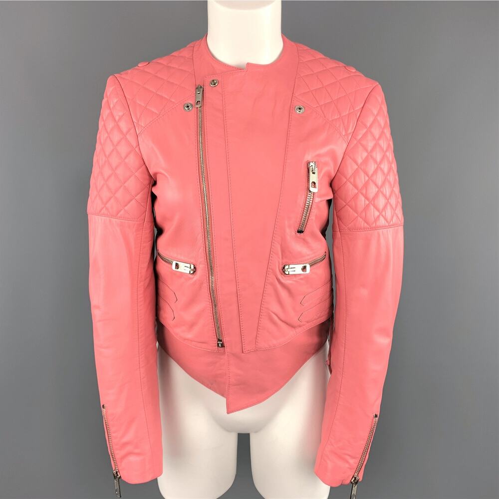 BALENCIAGA Size 6 Pink Quilted Leather Moto Biker Jacket - Picture 3 of 10